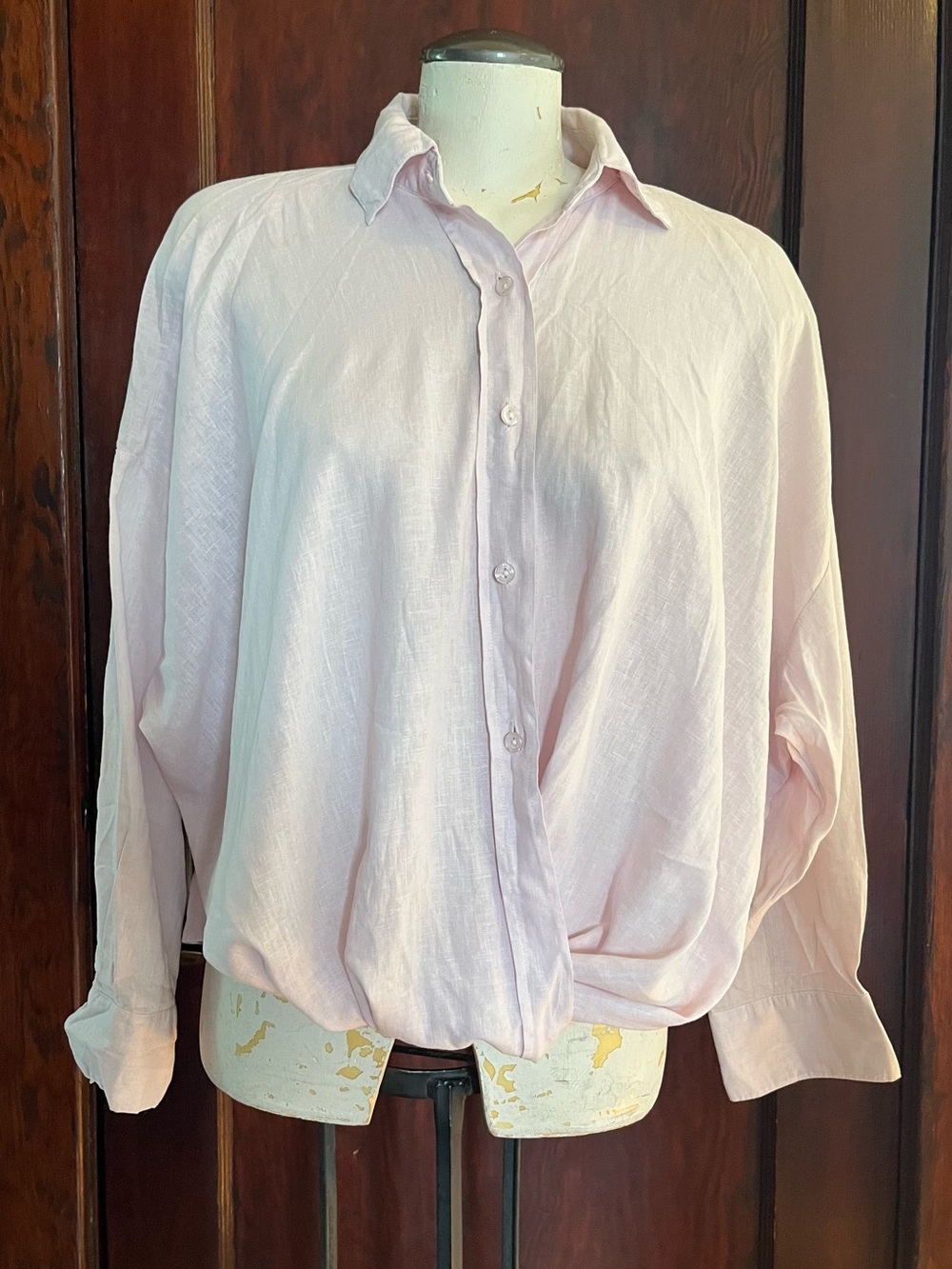 NWT - Sigrid Olsen Pale Pink Linen Button-Up Twist Waist Top - Size Medium